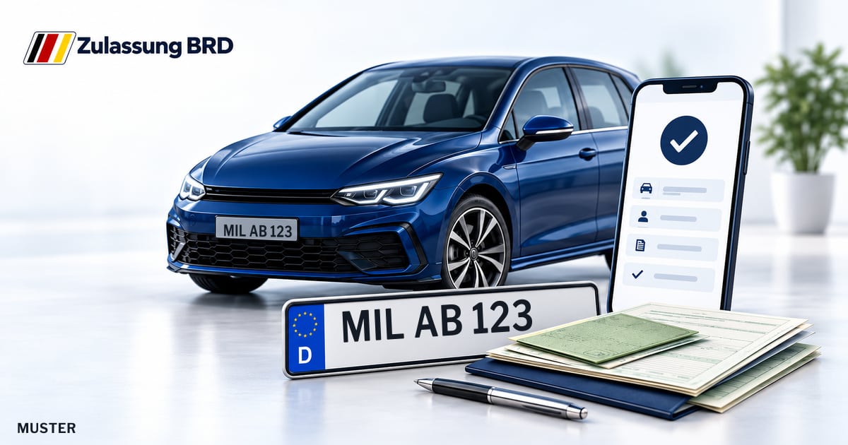 Online Fahrzeugzulassung in Miltenberg: Musterkennzeichen MIL AB 123, Auto und Fahrzeugpapiere und Smartphone. Illustration mit Logo von Zulassung BRD.